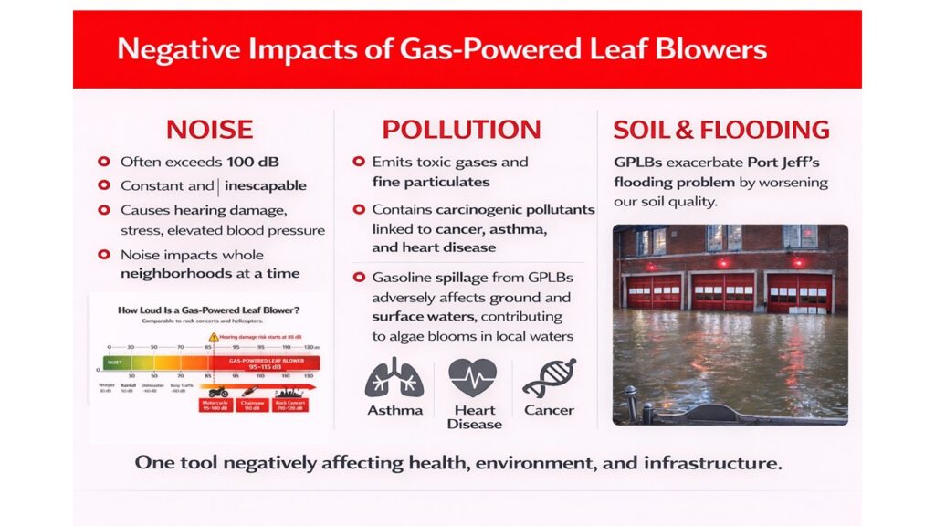 Presentation slide explaining the problems associated with gas-powered leaf blowers.