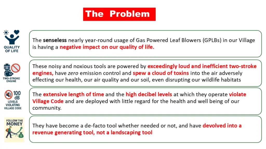 Presentation slide explaining the problems associated with gas-powered leaf blowers.